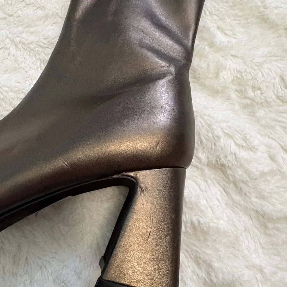 Jeffrey Campbell Bronze Metallic Square Toe Block Heel Ankle Boots Size 5.5